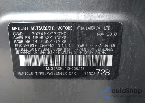 2019 Mitsubishi Mirage Es/Rf z USA, uszkodzony, nr VIN ML32A3HJ4KH005245